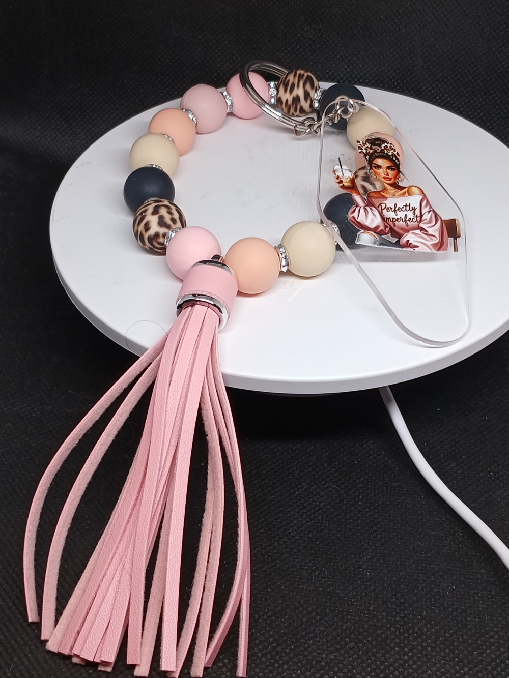 Beaded Tassel Keychain with Leopard Accent - Pink, Cream, Navy